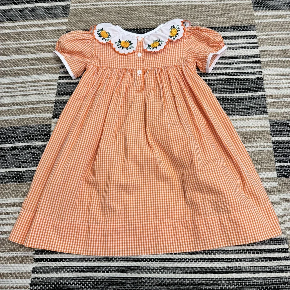 Addie &‎ Hadlie Dress Girls 4T Orange Gingham Pumpkin Embroidered Fall Holiday